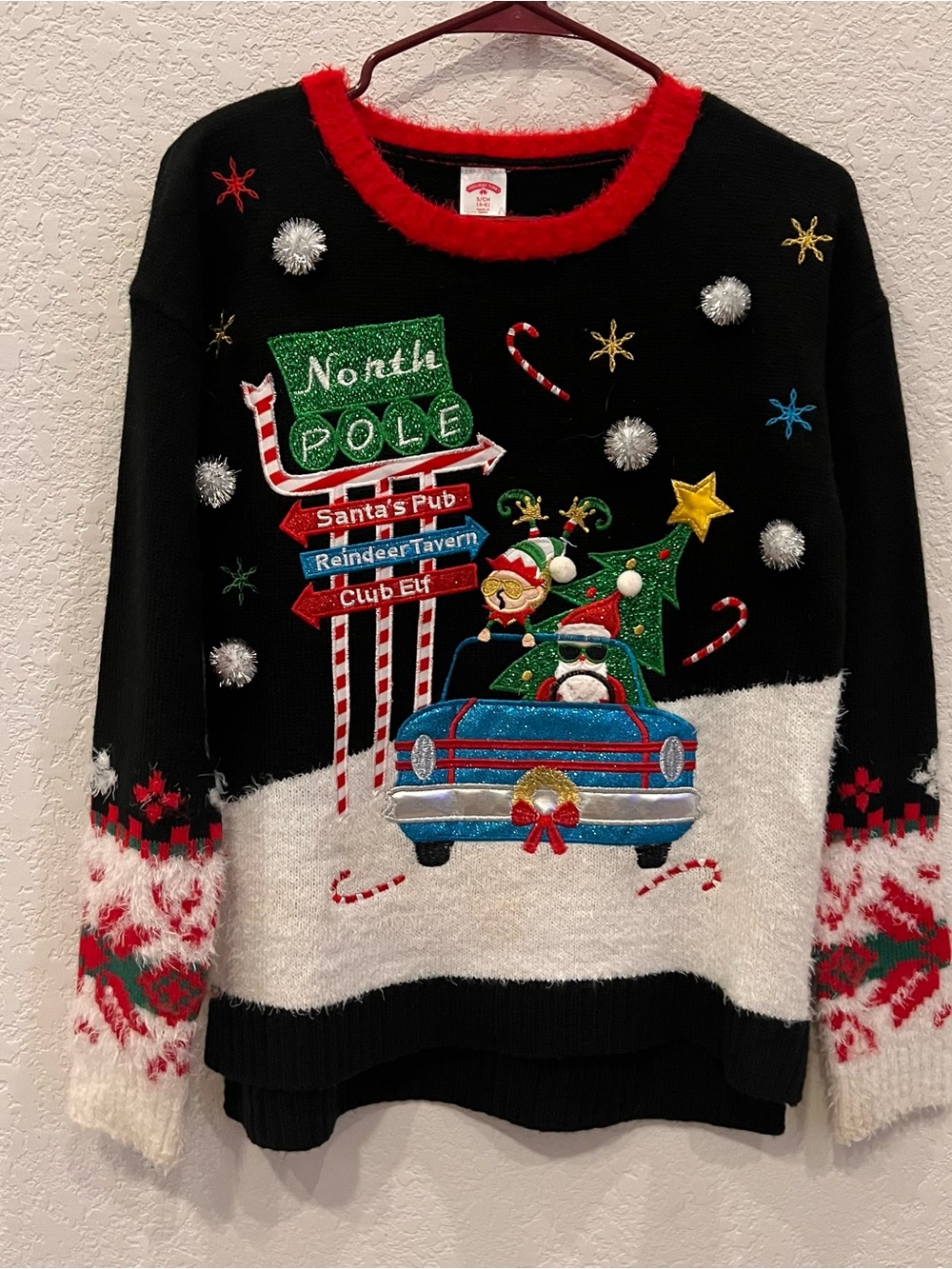 Festive North Pole Embroidered Christmas Sweater - Black & Red SMALL